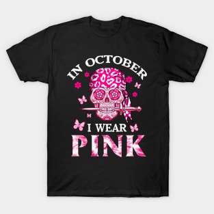 I Wear Pink For Breast Cancer Pink Ribbon Pirate Women T-Shirt